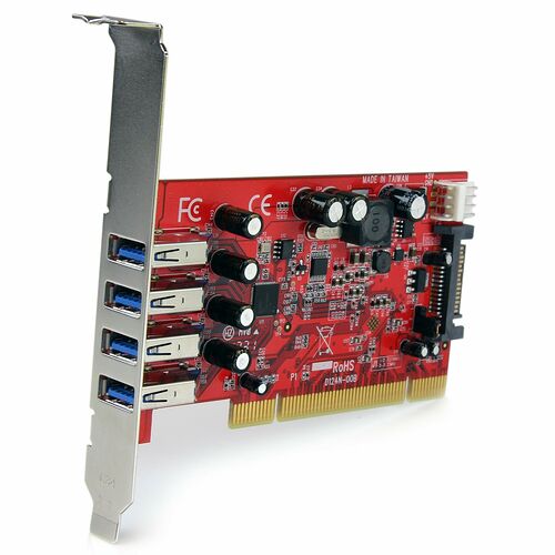 Carte d'extension PCIerouge équipée de quatre ports USB 3.0 bleus, permettant d'ajouter des ports USB à un PC.