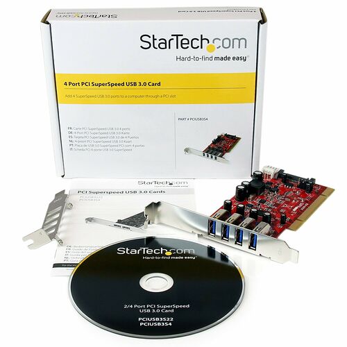 Carte PCI StarTech.com avec 4 ports USB 3.0, présentée avec sa boîte d'origine et son disque de support.