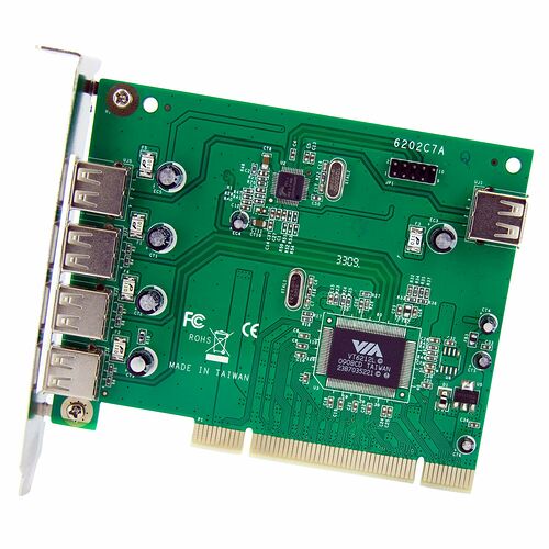 Carte d'extension avec circuit imprimé vert, équipée de plusieurs ports de sortie vidéo sur le côté et d'un connecteur PCIe pour l'insertion dans un PC.