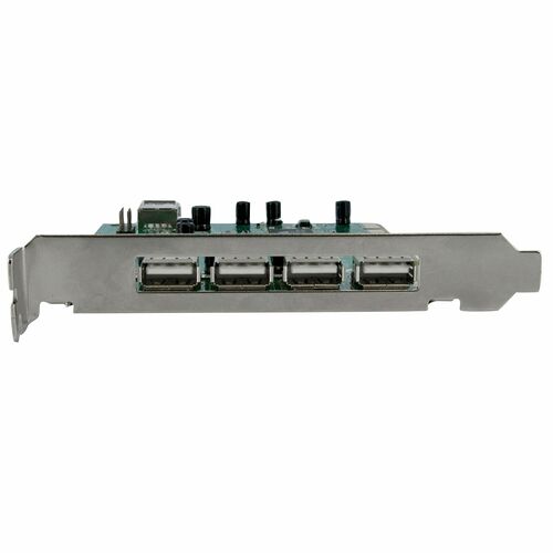 Carte d'extension PCIe avec quatre ports USB sur une plaque métallique argentée.