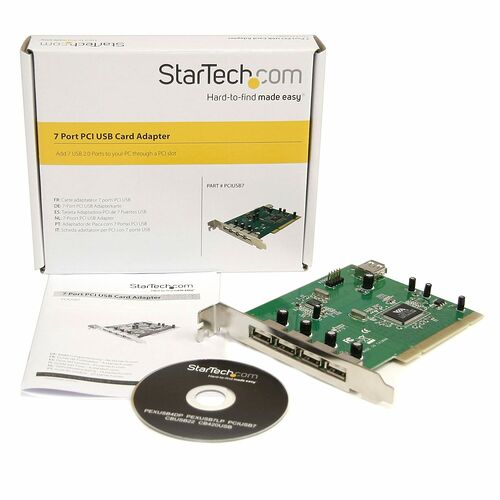Carte adaptatrice StarTech.com avec 7 ports USB 2.0, présentée avec sa boîte et son CD d'installation.