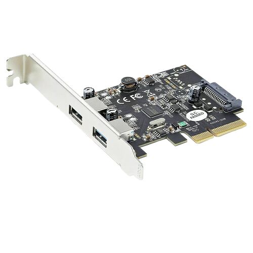 Carte d'extension PCIe avec deux ports USB situés sur l'équerre métallique, conçue pour ajouter des ports USB à un PC.