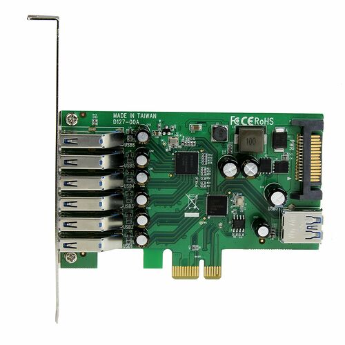 Carte d'extension PCIe avec quatre ports USB argentés sur la façade et un port USB supplémentaire sur le côté.