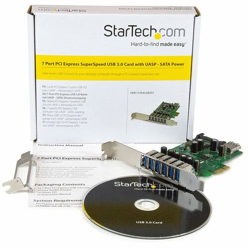 Boîte et carte StarTech.com pour ajouter 7 ports USB 3.0 via un port PCI Express, avec alimentation SATA. La carte est accompagnée de son manuel d'instruction et d'un CD de pilotes.