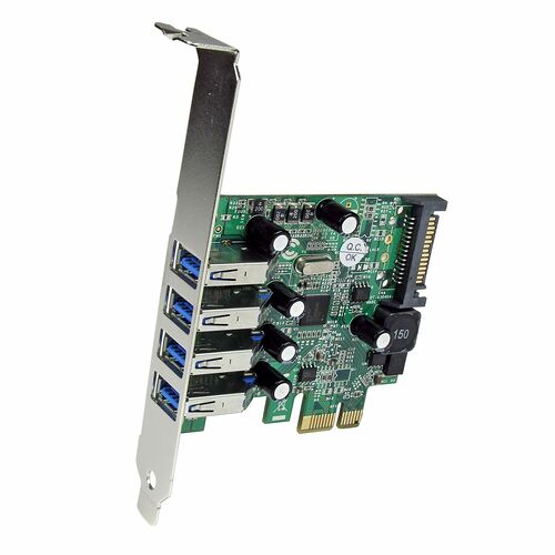 Carte d'extension PCIe avec quatre ports USB 3.0 bleus et quatre ports USB 2.0 noirs sur une façade métallique.