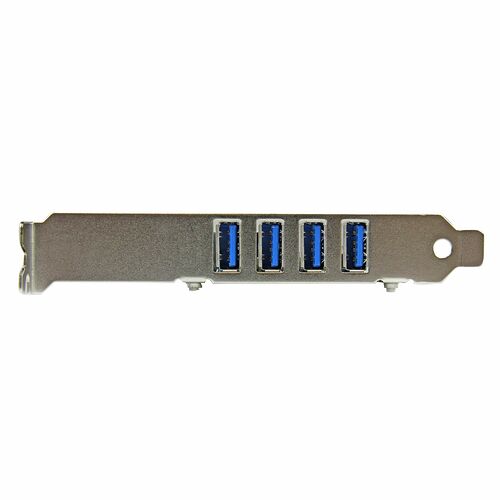 Carte d'extension PCIe avec quatre ports USB 3.0 bleus sur une plaque métallique argentée.