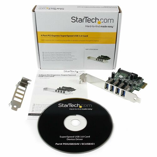 Carte PCI Express StarTech.com avec 4 ports USB 3.0, accompagnée de son boîtier de fixation et d'un disque de pilotes.