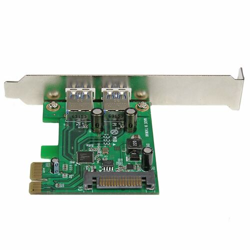 Carte d'extension PCIe avec deux ports USB 3.0 argentés sur une plaque métallique, montée sur un circuit imprimé vert.