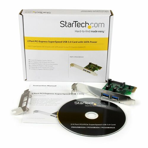 Carte PCI Express StarTech.com avec deux ports USB 3.0 et une connectivité SATA pour ajouter de la puissance USB à ton PC. L'image montre la boîte, la carte électronique, le manuel d'instructions et un CD.