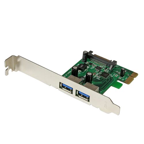 Carte d'extension PCIe avec deux ports USB bleus sur l'équerre métallique.