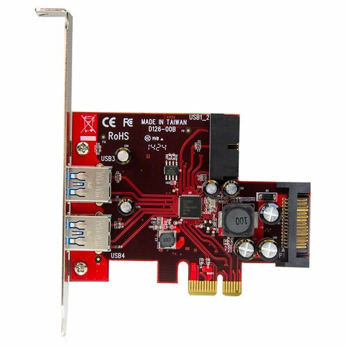 Carte d'extension PCIe avec deux ports USB 3.0 argentés sur une plaque de circuit imprimé rouge.