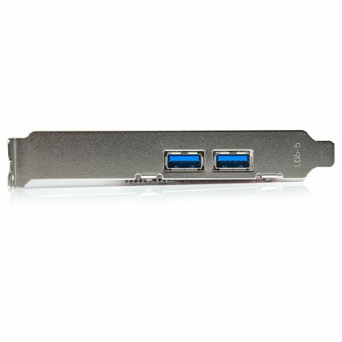 Carte d'extension avec deux ports USB bleus sur une plaque métallique argentée.
