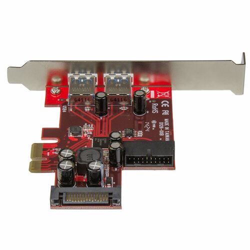 Carte d'extension PCIe avec deux ports USB situés sur l'équerre métallique et divers connecteurs sur le circuit imprimé rouge.