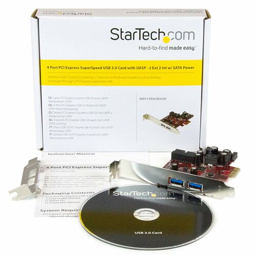 Boîte et contenu de la carte PCI Express StarTech.com avec deux ports USB 3.0 externes, deux connecteurs SATA internes et un disque de pilotes.