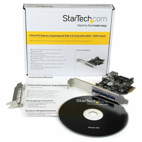 Boîte et contenu de la carte d'extension StarTech.com comprenant une carte PCI Express avec 4 ports USB 3.0, un support low-profile et un CD de pilotes.