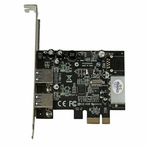 Carte d'extension PCIe avec deux ports USB et une équerelle métallique pour installation dans un PC.