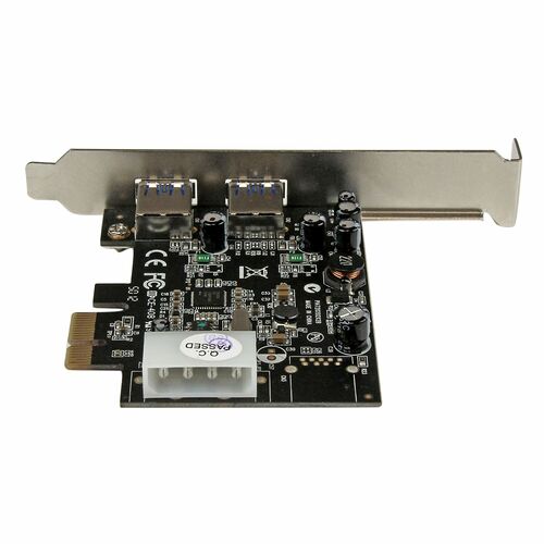 Carte d'extension PCIe équipée de deux ports USB et d'un connecteur d'alimentation interne, avec un cache métallique pour le boîtier.