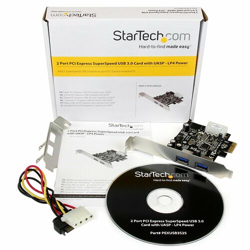 Carte PCI Express StarTech.com avec deux ports USB 3.0, accompagnée de son câble d'alimentation LP4 et d'un disque de support.