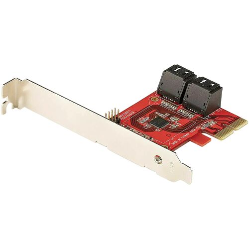 Carte réseau PCIe avec deux ports Ethernet RJ45 sur un circuit imprimé rouge.
