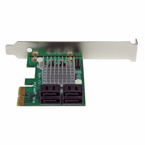 Carte d'extension PCIe avec dissipateur thermique métallique et deux connecteurs d'alimentation SATA noirs.