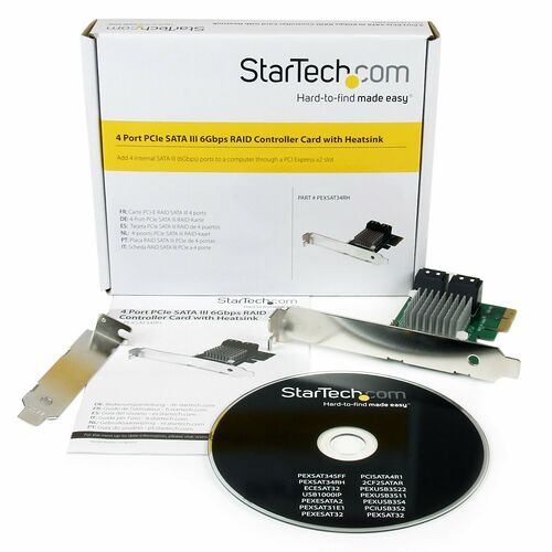 Carte contrôleur RAID SATA III 4 ports avec dissipateur thermique, présentée dans sa boîte StarTech.com.