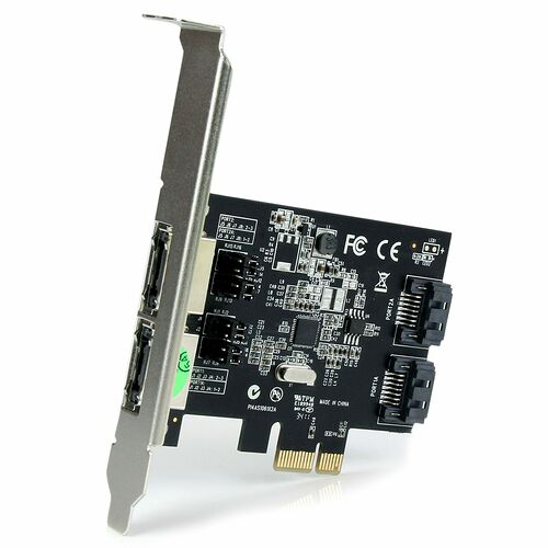Carte d'extension PCIe avec plusieurs ports USB et ports de sortie vidéo, présentée de face et de profil avec son équerre métallique.