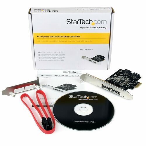 Carte contrôleur PCI Express StarTech.com pour ports eSATA/SATA 6Gbps, accompagnée de son boîtier, de câbles rouges et d'un CD d'installation.