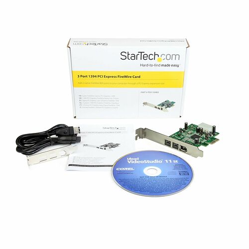 Carte PCI Express StarTech.com avec trois ports FireWire 1394, accompagnée de son câble et d'un CD de logiciel Corel VideoStudio.