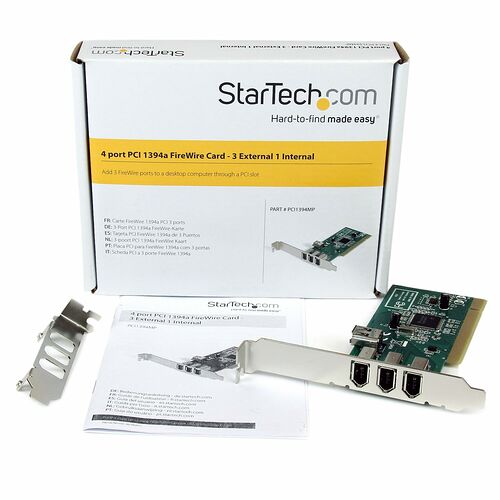 Carte PCI 1394a FireWire de StarTech.com avec trois ports externes et un port interne, présentée avec sa boîte et sa notice.