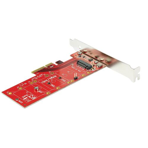 Carte d'extension PCIe avec circuit imprimé rouge, équipée d'un connecteur et d'une équerre de fixation métallique argentée.