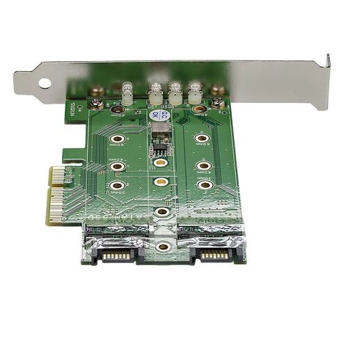 Carte graphique avec circuit imprimé vert et connecteurs PCIe, présentée de face sur fond blanc.