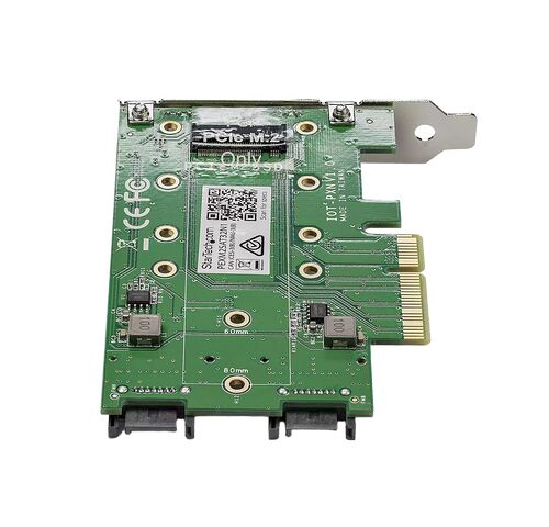 Carte d'extension PCIe avec un emplacement M.2 intégré, conçue pour l'ajout de stockage ou de périphériques dans un PC.