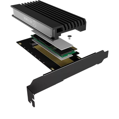 Dissipateur thermique Icy Box pour composant électronique, présenté en vue éclatée avec son circuit imprimé et sa plaque de refroidissement.