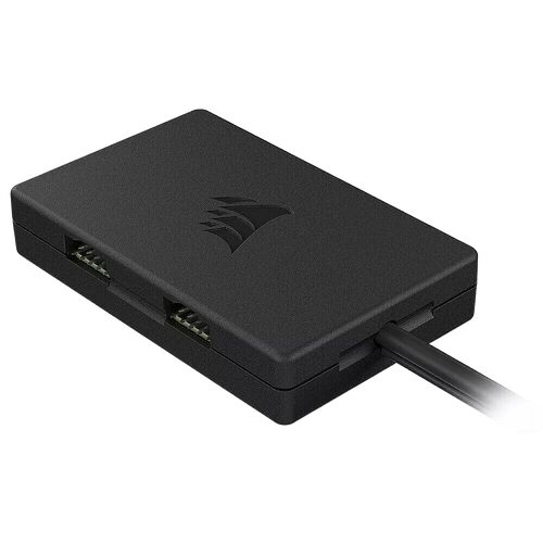 Boîtier de contrôle noir avec le logo Corsair, doté de deux connecteurs sur le côté et d'un câble de sortie.