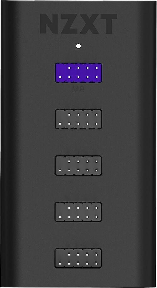 Panneau avant de boîtier NZXT avec ports USB et connecteurs internes, dont un port USB-C mis en évidence en violet.