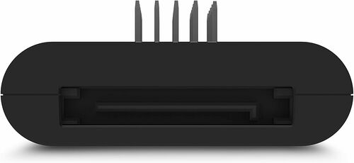 Connecteur de stockage de données noir avec des broches métalliques sur le dessus.