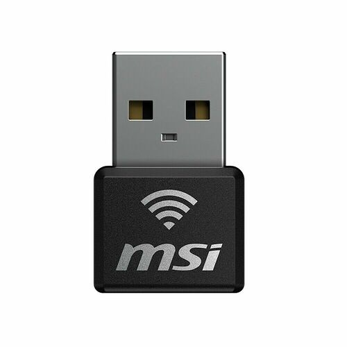 Adaptateur USB sans fil de marque MSI, de couleur noire avec le logo MSI et un symbole Wi-Fi.