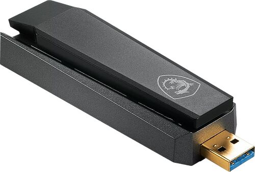Clé USB de stockage de marque MSI, de couleur noire avec un connecteur USB-A doré.
