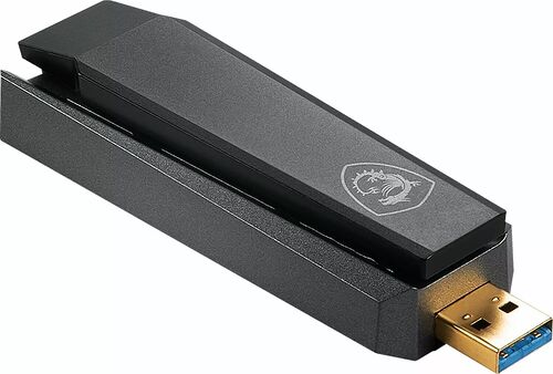Clé USB de stockage de marque MSI, de couleur noire avec un connecteur USB-A doré.