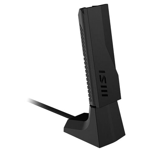 Un adaptateur USB noir avec un câble court, présentant un design angulaire et des détails de ventilation sur le côté.