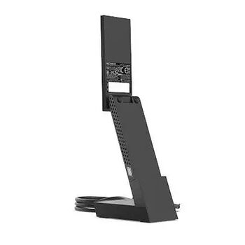 Support de fixation vertical noir pour écran, avec une base stable et des câbles d'alimentation visibles.