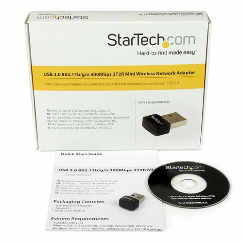 Boîte et CD d'installation pour un adaptateur réseau sans fil USB StarTech.com, modèle USB 2.0 802.11b/g/n 300Mbps.
