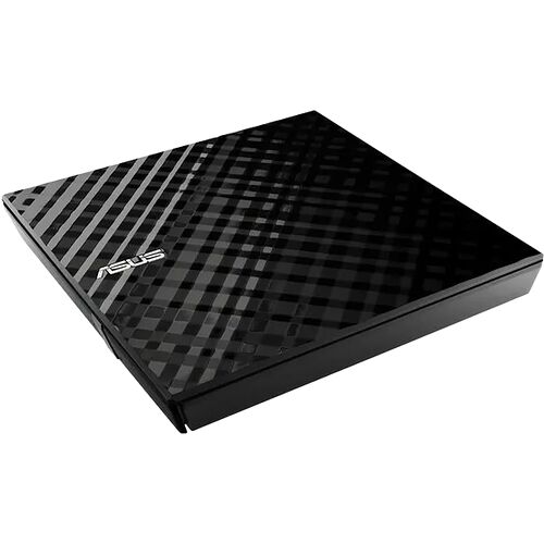 Mini PC Asus noir avec un design texturé à rayures diagonales sur le dessus.