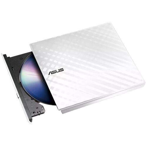 Lecteur de disque externe Asus de couleur blanche, avec un disque compact inséré dans le tiroir ouvert.