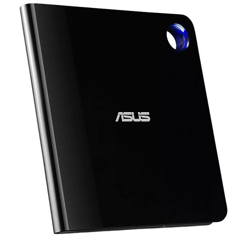 Un PC compact de marque ASUS de couleur noire avec une finition brillante et un bouton d'alimentation rétroéclairé en bleu.