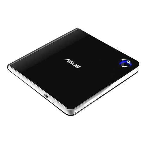 Disque dur externe ASUS de couleur noire avec un bouton d'allumage bleu brillant sur le dessus.