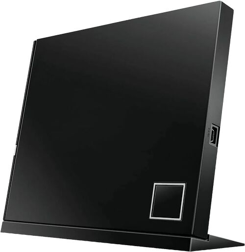 Boîtier de stockage externe noir avec un port USB sur le côté et un bouton d'éjection frontal.