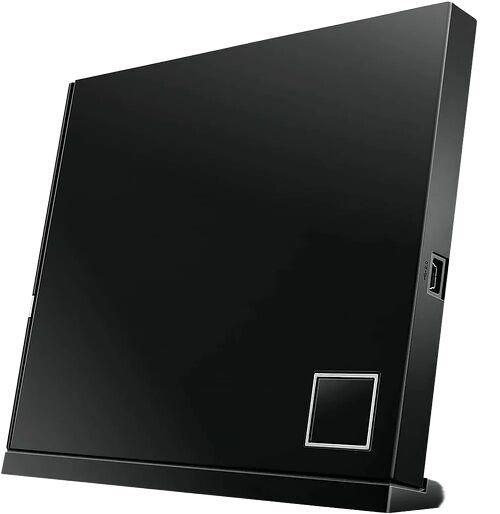 Un boîtier de stockage externe noir avec un port USB sur le côté et un petit écran de contrôle frontal.