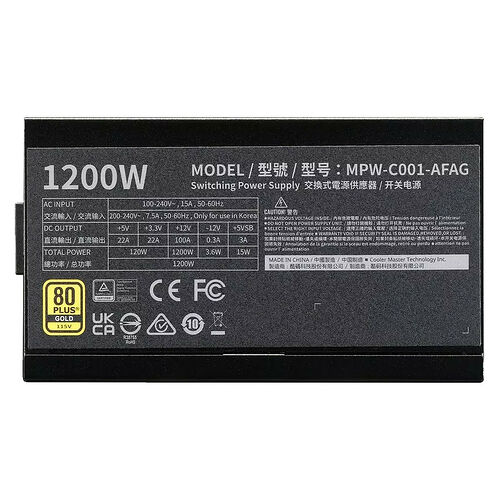 Bloc d'alimentation PC de 1200W avec certification 80 PLUS Gold, affichant les spécifications de tension et de puissance sur son étiquette.