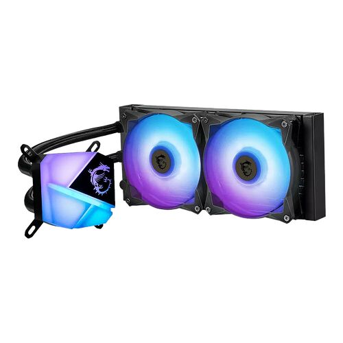 Refroidisseur liquide MSI avec deux ventilateurs à éclairage RGB et un bloc de pompe assorti.